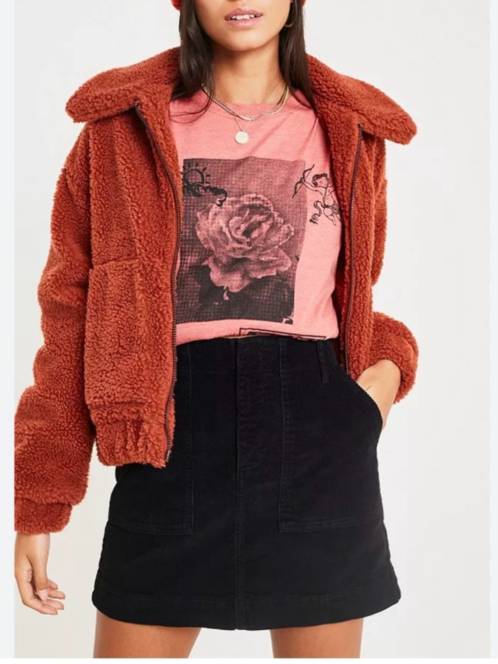 Urban Outfitters Teddy Sherpa Fleece Zip-Up Jacket Rust Brown Oversized small